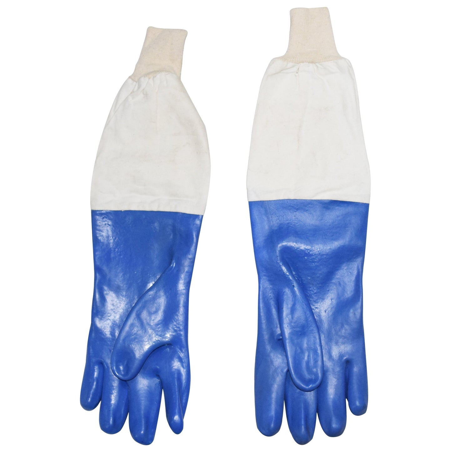 Pair of blue gloves with white cuffs on a white background