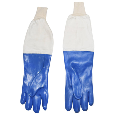 Pair of blue gloves with white cuffs on a white background