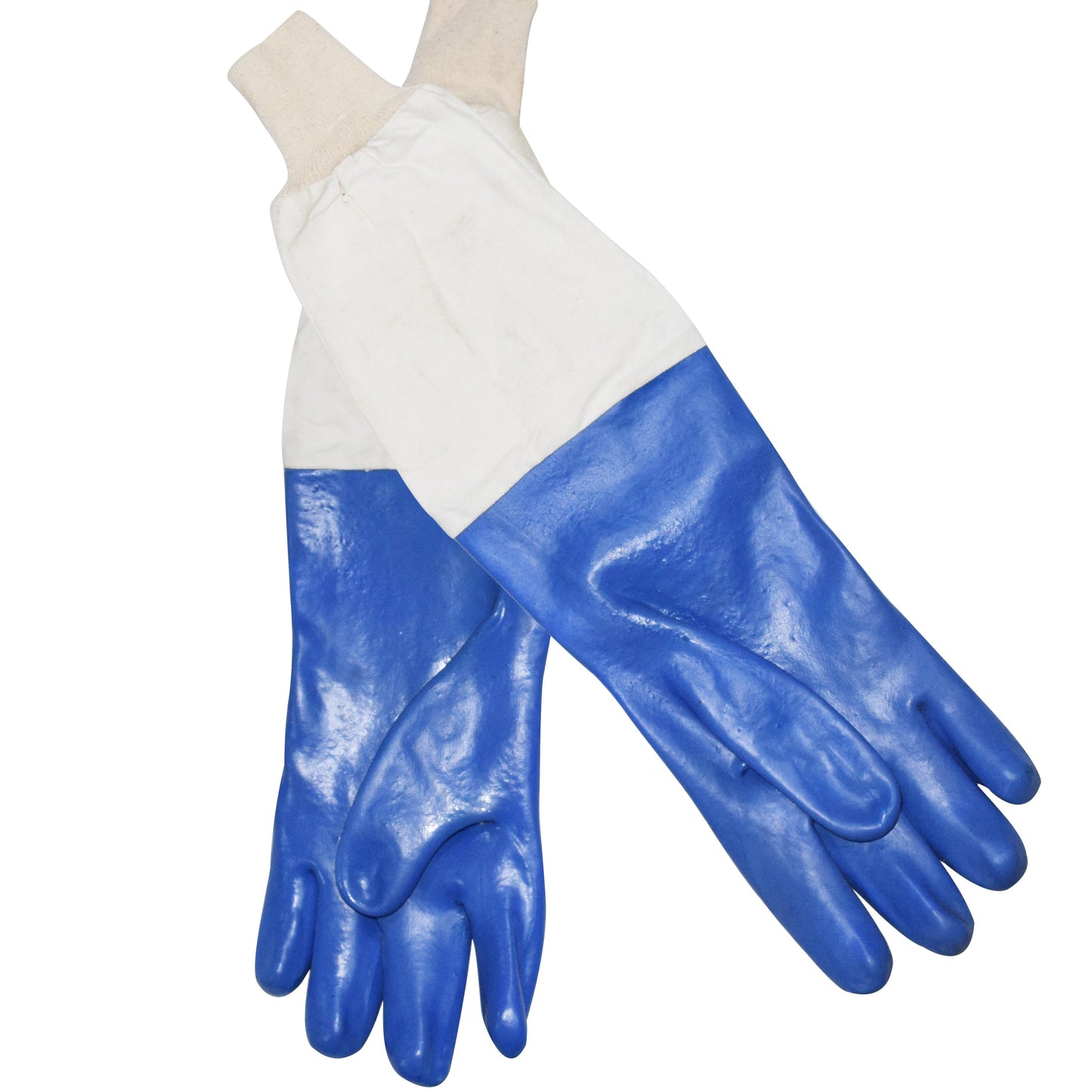 Pair of blue gloves with white cuffs on a mannequin arm against a white background