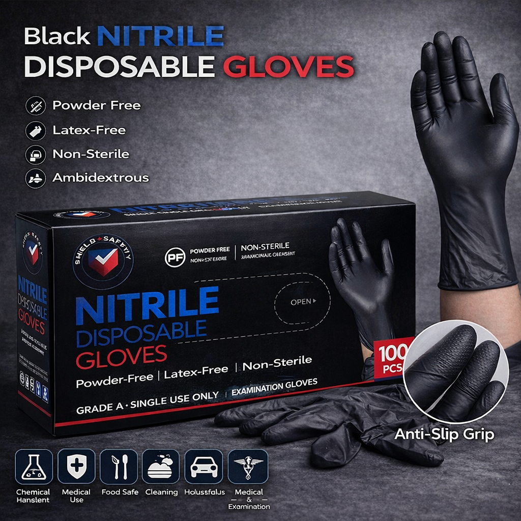 Black Nitrile Disposable Gloves – Powder Free, Latex Free, Heavy Duty Industrial & Food Safe Gloves 100 PCs