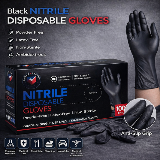 Black Nitrile Disposable Gloves – Powder Free, Latex Free, Heavy Duty Industrial & Food Safe Gloves 100 PCs