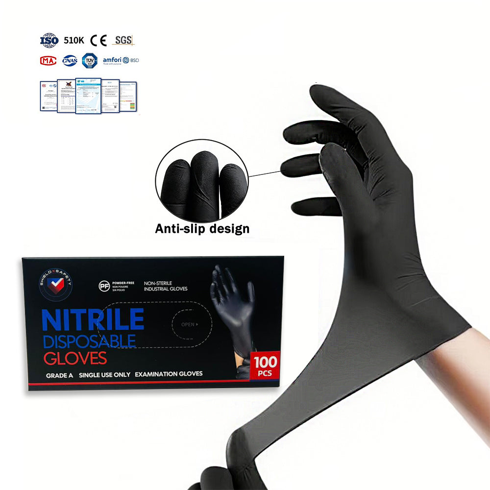 Black Nitrile Disposable Gloves – Powder Free, Latex Free, Heavy Duty Industrial & Food Safe Gloves 100 PCs