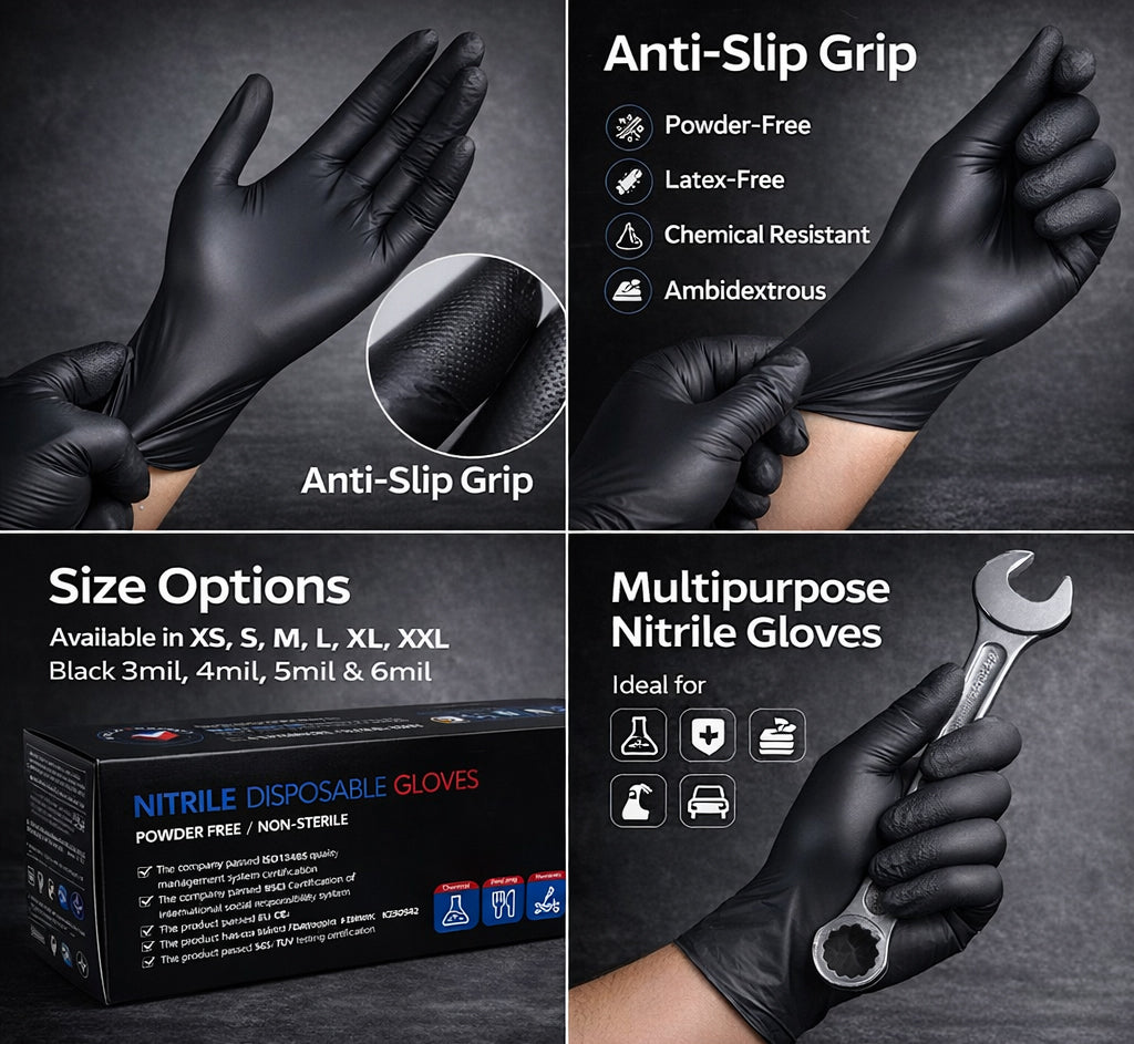 Black Nitrile Disposable Gloves – Powder Free, Latex Free, Heavy Duty Industrial & Food Safe Gloves 100 PCs